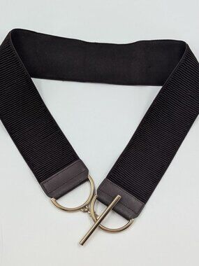 Chico's Brown Ribbed Stretch 3" Wide Belt w/2pc Gold D-rings & Toggle | M/L